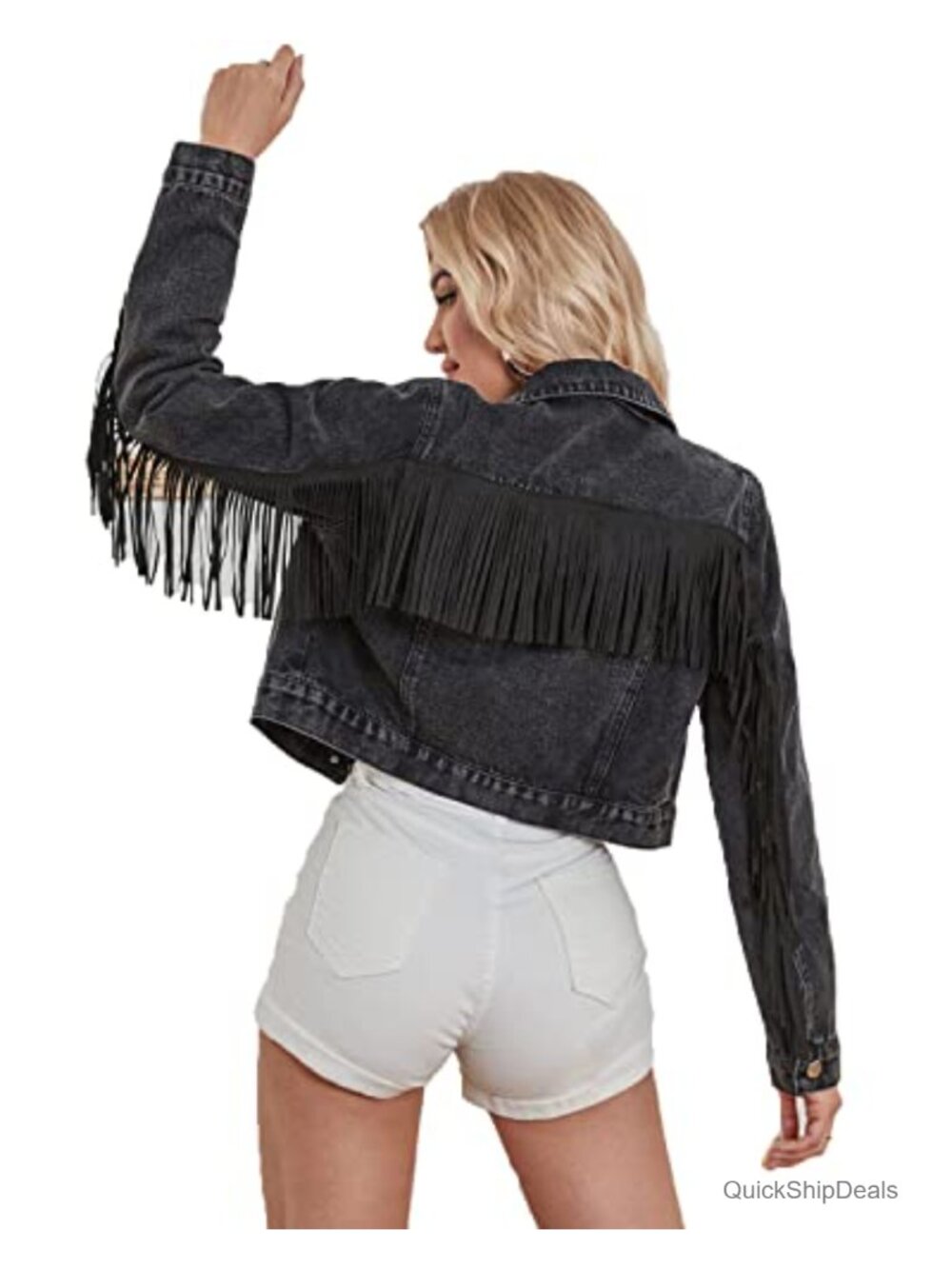 Cropped Denim Jacket Distressed Fringe Long Sleeve Jean Coat